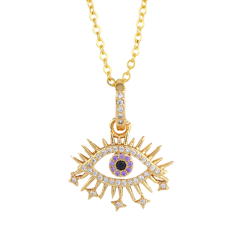 Evil Eyes Blue Purple Zircon Crystals Filled Pendant Necklace