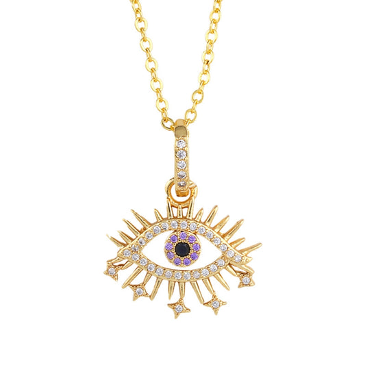 Evil Eyes Blue Purple Zircon Crystals Filled Pendant Necklace