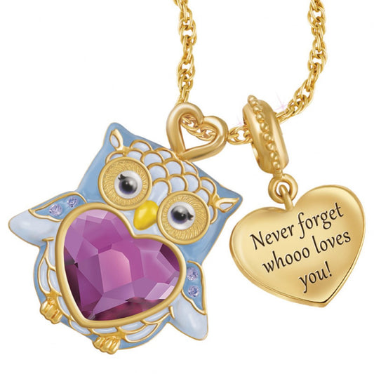 Gold Tone Owl Pink Crystal Heart with Message Tag Pendant