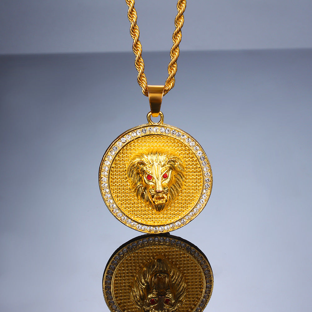 Golden Round Crystal Lion Pendant