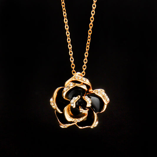 Rose Gold Crystal Black Rose Pendant