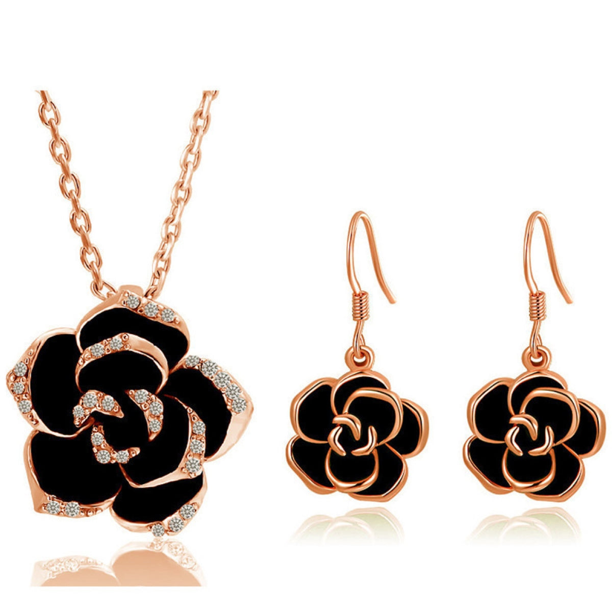 Crystal Black Rose Flower Petals Pendant Necklace And Earrings Set In Silver Tone or Rose Gold Tone