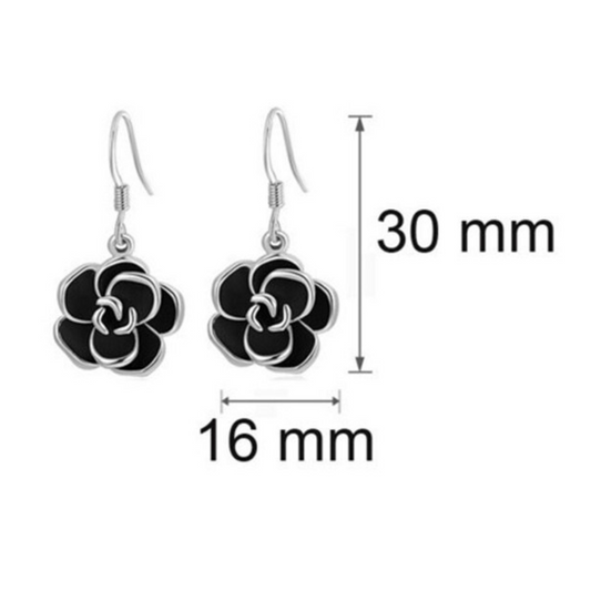 Crystal Black Rose Flower Petals Pendant Necklace And Earrings Set In Silver Tone or Rose Gold Tone