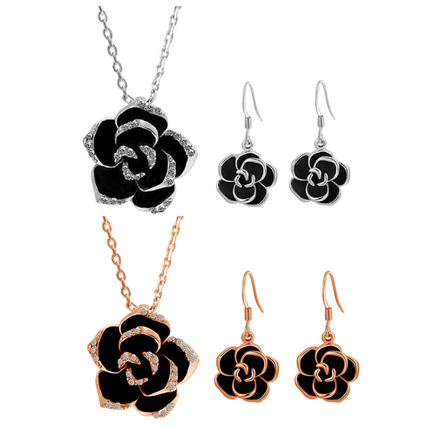 Crystal Black Rose Flower Petals Pendant Necklace And Earrings Set In Silver Tone or Rose Gold Tone
