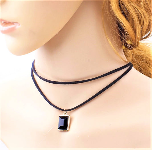 Black Choker Two Layers Square Crystal Pendant Necklace