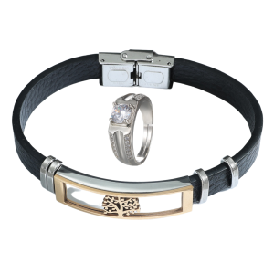 Men Black Leather Stainless Steel Tree of Life Bracelet And Adjustable Ring with a Square Crystal Set