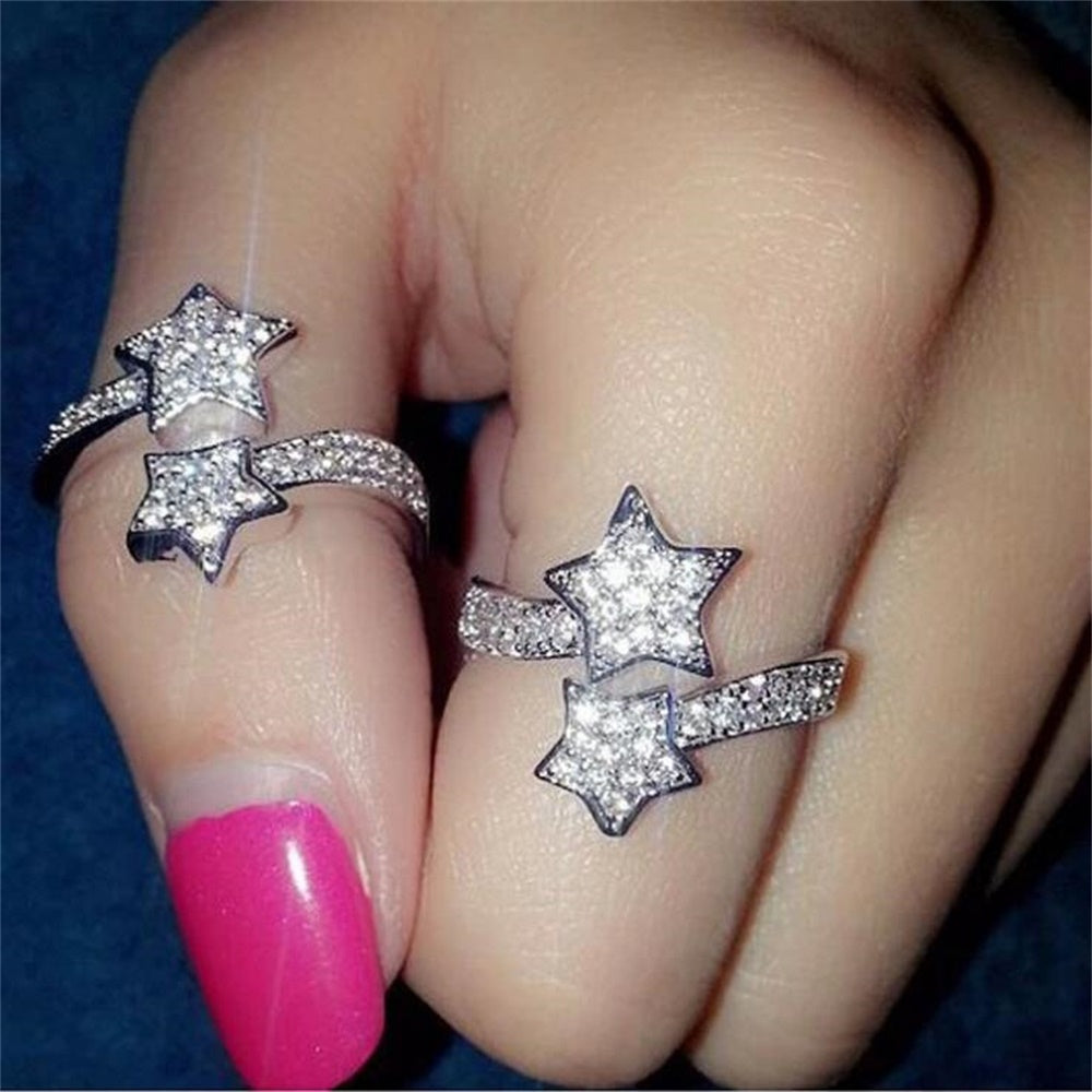 Silvery Twin Stars Adjustable Open Crystal Ring