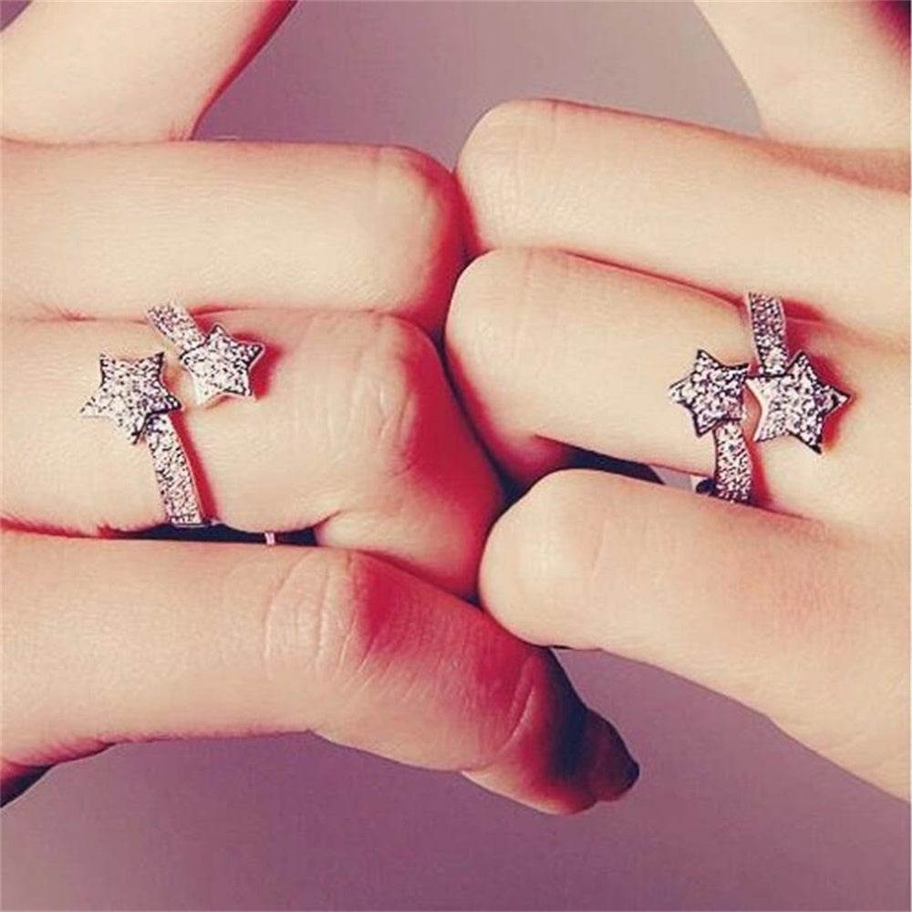 Silvery Twin Stars Adjustable Open Crystal Ring
