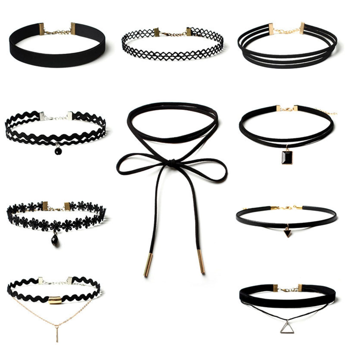 Classic Velvet Stretch Black Choker Gothic Lace 10Pcs Necklace Set