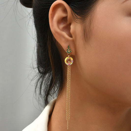 Golden Crystal Leaf and Tassel Earrings