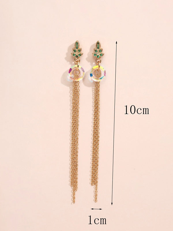 Golden Crystal Leaf and Tassel Earrings