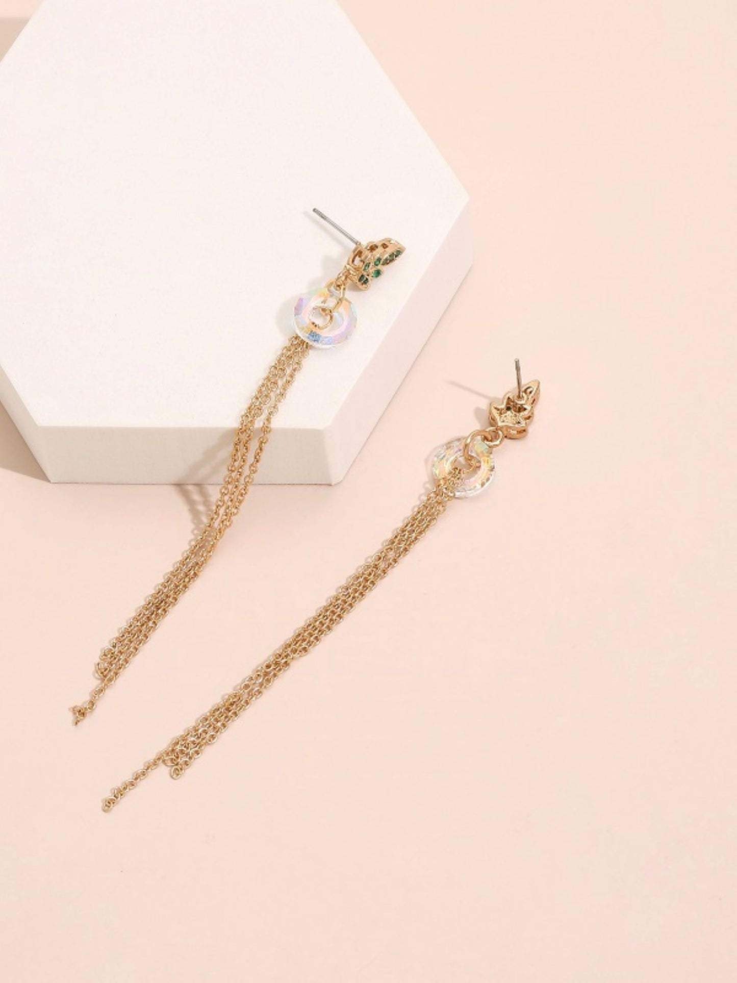 Golden Crystal Leaf and Tassel Earrings