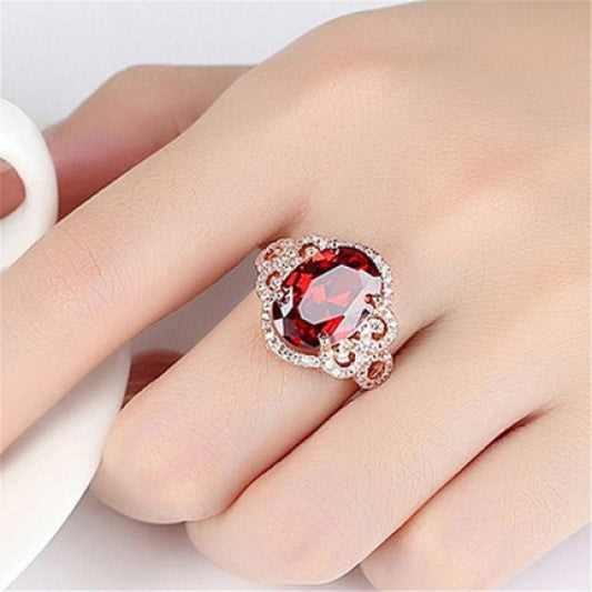 Stunning Red Oval Flower Design Crystal Ring