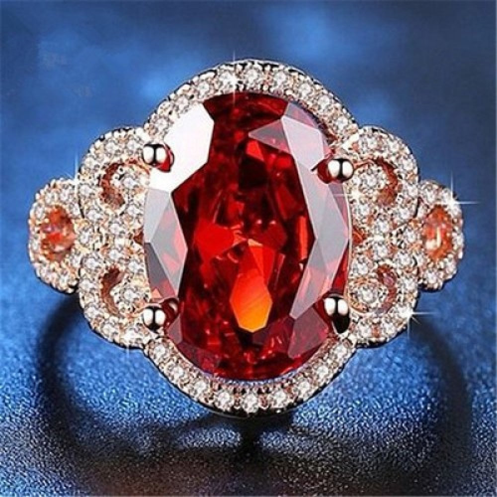 Stunning Red Oval Flower Design Crystal Ring