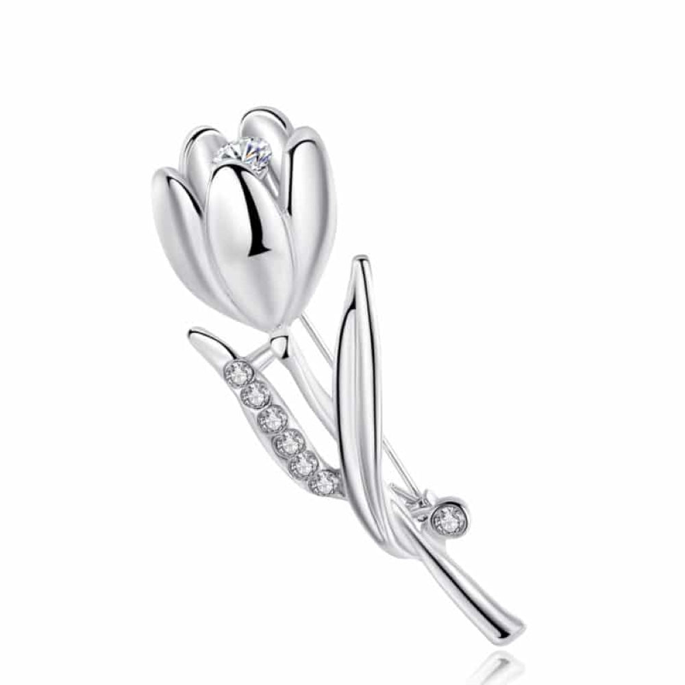 Rose Flower Zircon Crystals Silver Plated Brooch Pin