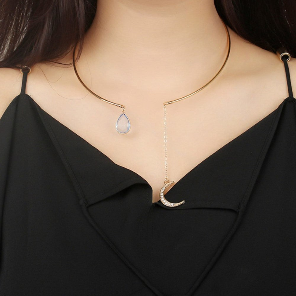 Gold Tone Blue Teardrop and Moon Open front Necklace Choker