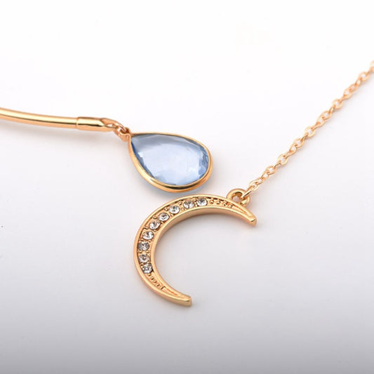 Gold Tone Blue Teardrop and Moon Open front Necklace Choker