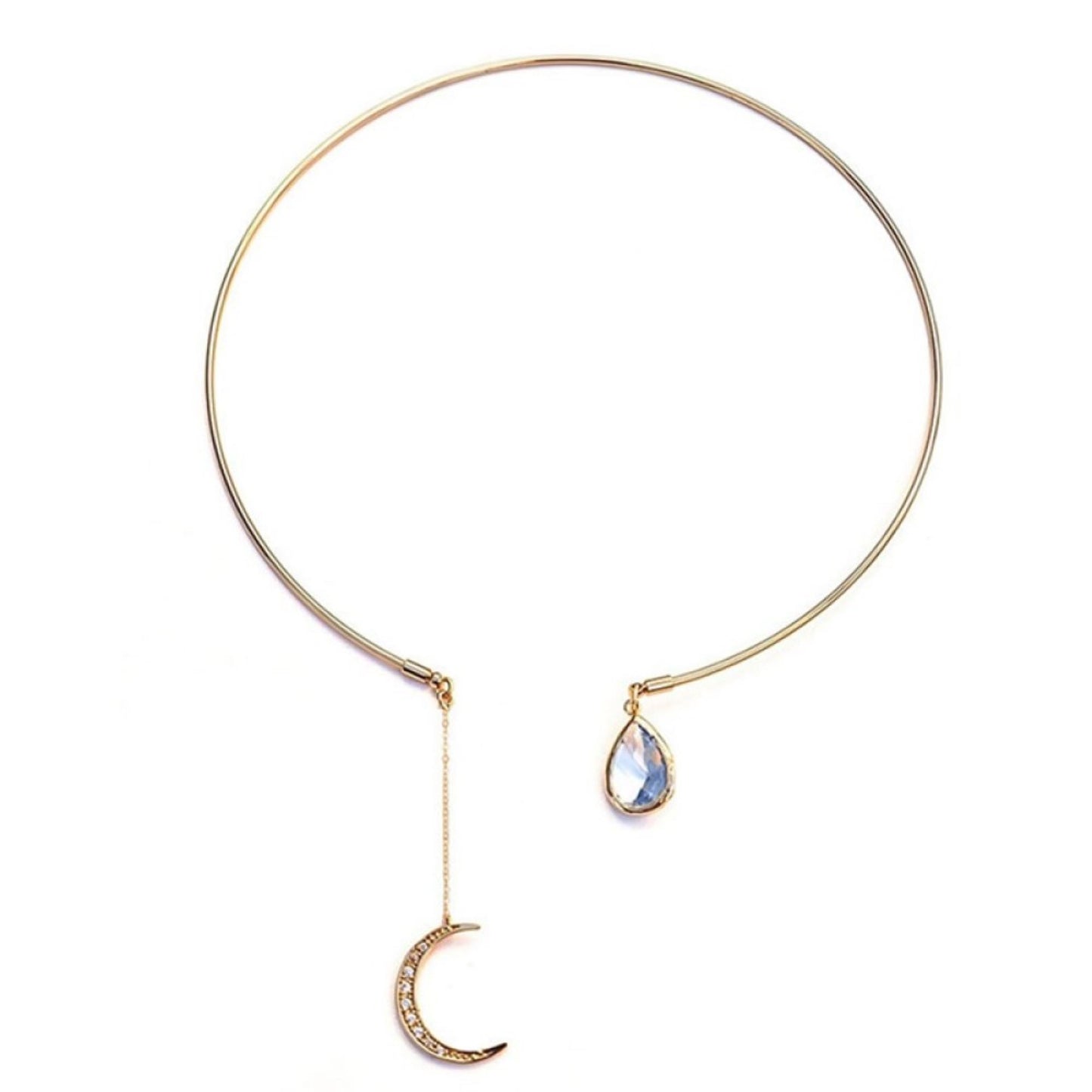 Gold Tone Blue Teardrop and Moon Open front Necklace Choker