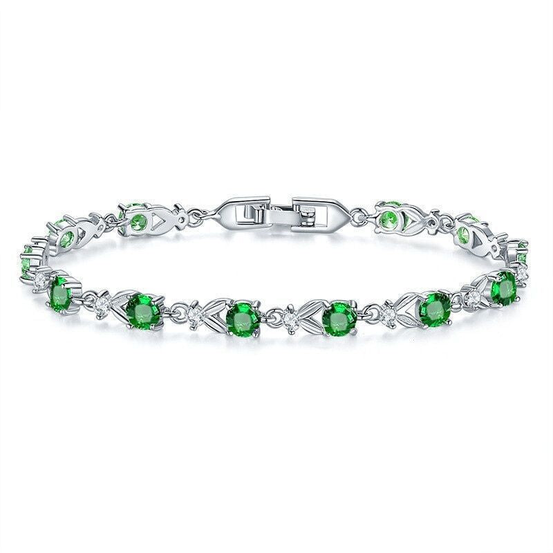 Eternity Tennis Round Cut Black Green Red Zircon Crystal Silver Bracelet