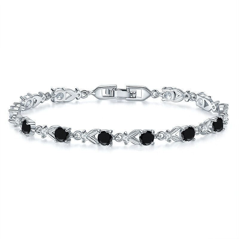 Eternity Tennis Round Cut Black Green Red Zircon Crystal Silver Bracelet
