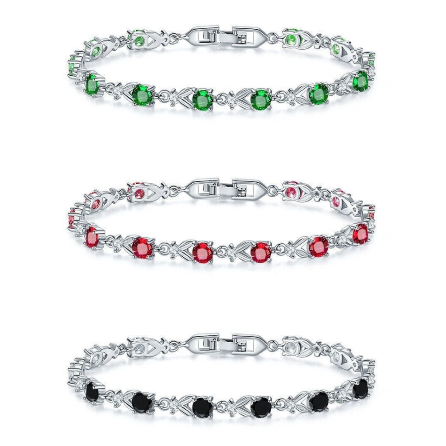 Eternity Tennis Round Cut Black Green Red Zircon Crystal Silver Bracelet