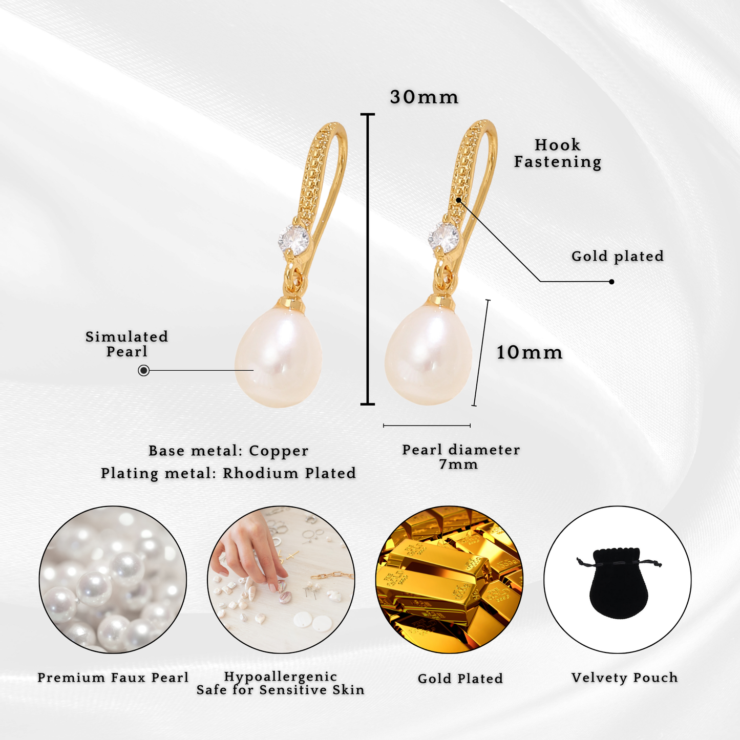 Pearl Drop Hook Zircon Crystals Gold Plated Earrings