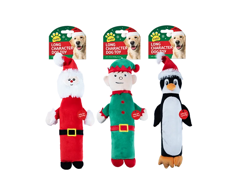 Christmas Long Characters Squeaky Dog Toy Santa, Elf, Penguin