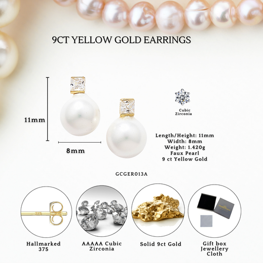 9ct Gold Cubic Zirconia 8mm Pearl Stud Earrings