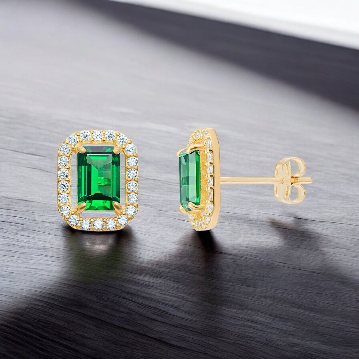9ct Gold Cubic Zirconia Emerald Cut Halo Stud Earrings
