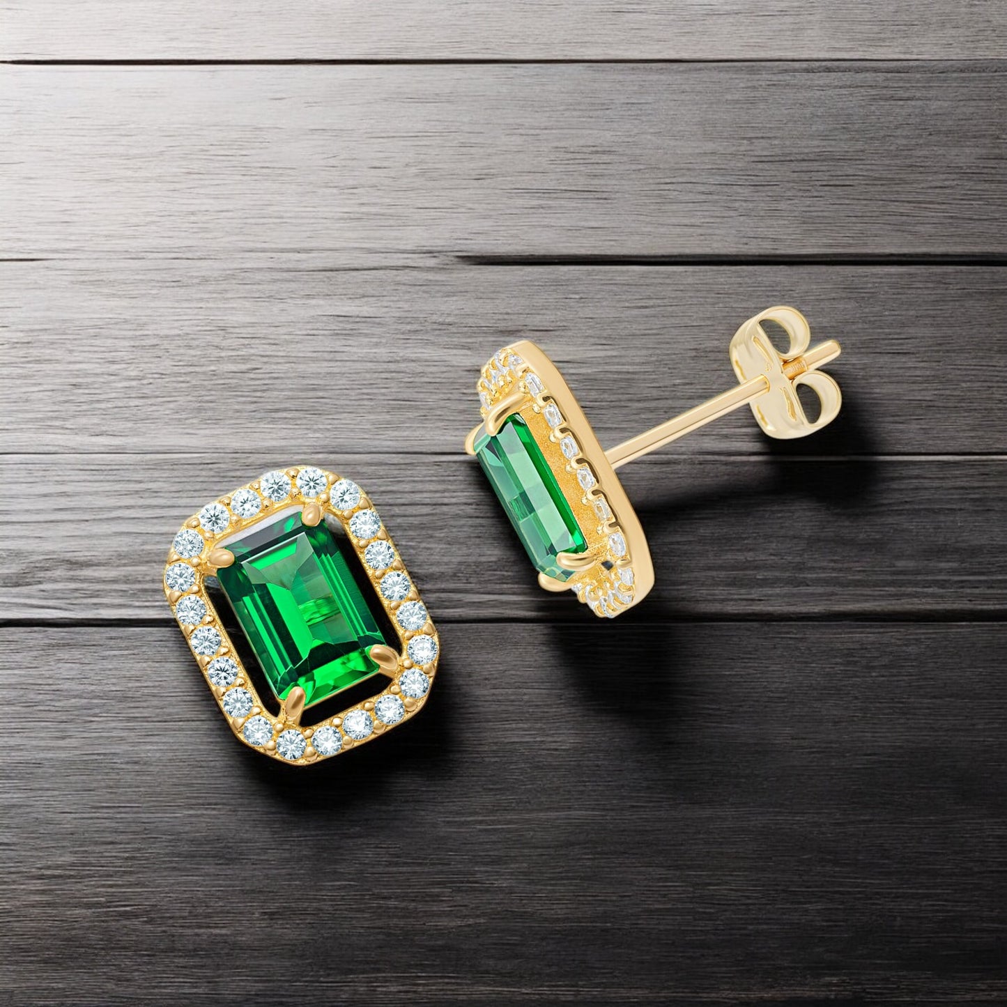 9ct Gold Cubic Zirconia Emerald Cut Halo Stud Earrings