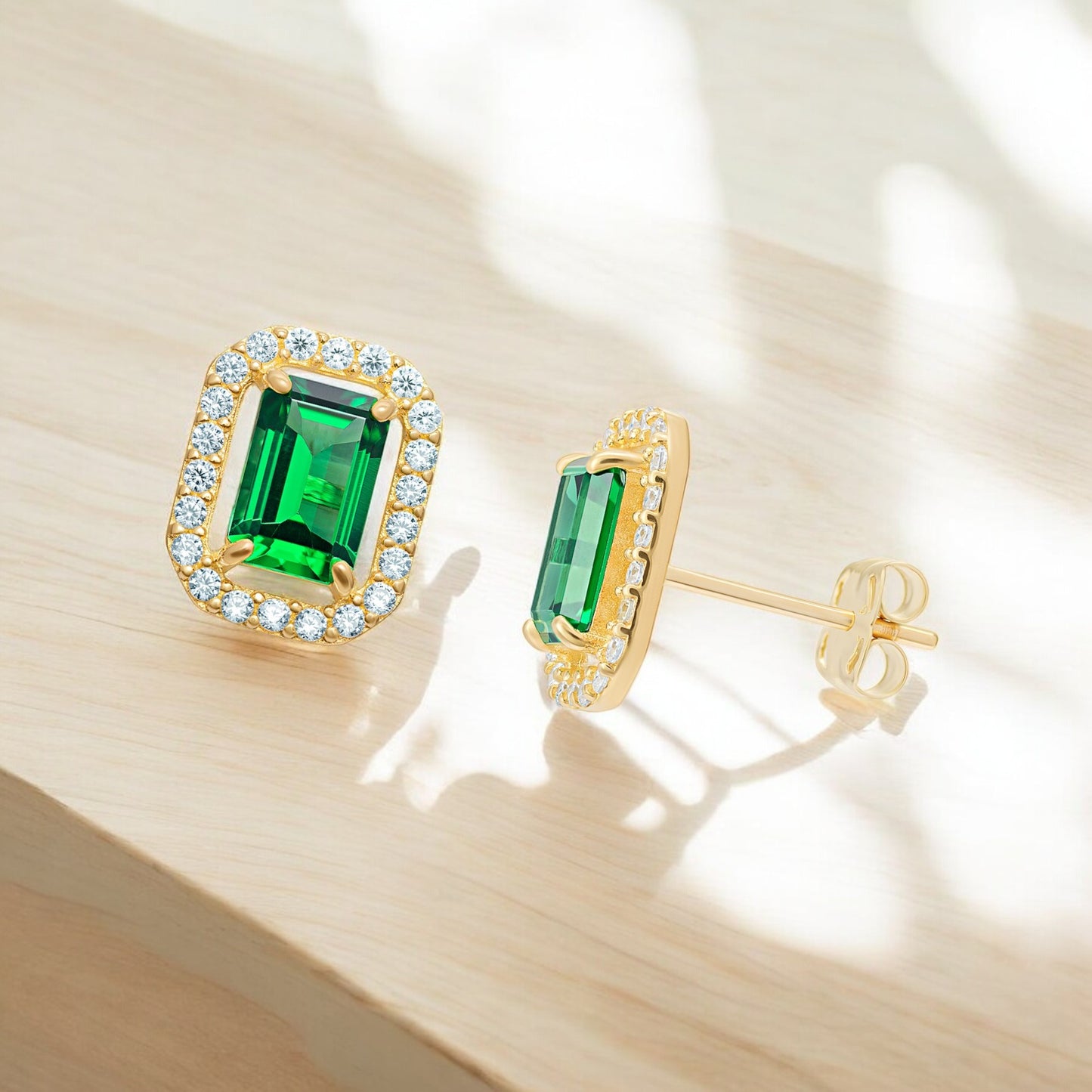 9ct Gold Cubic Zirconia Emerald Cut Halo Stud Earrings