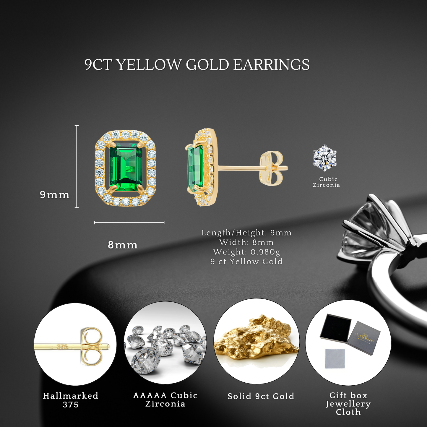 9ct Gold Cubic Zirconia Emerald Cut Halo Stud Earrings