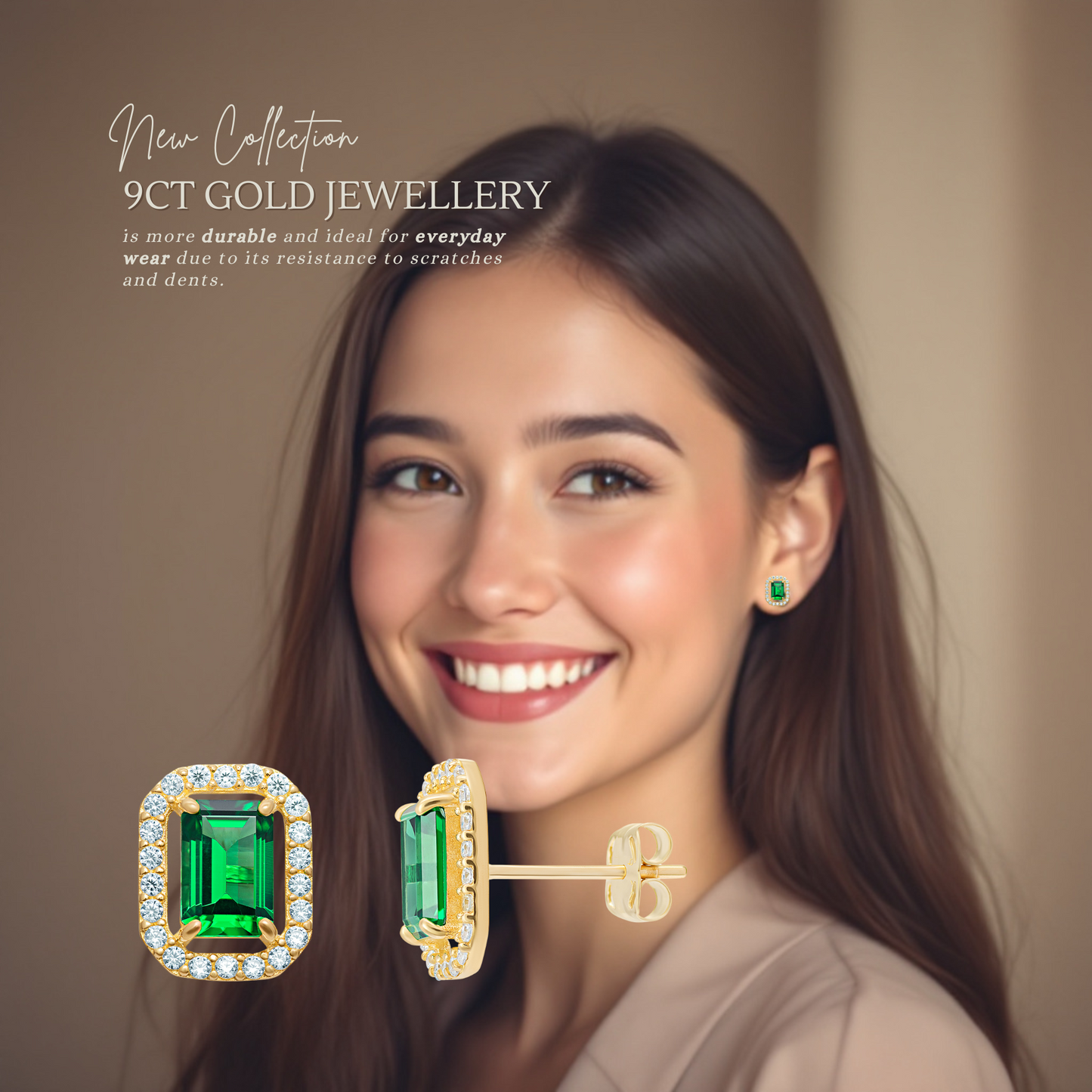 9ct Gold Cubic Zirconia Emerald Cut Halo Stud Earrings