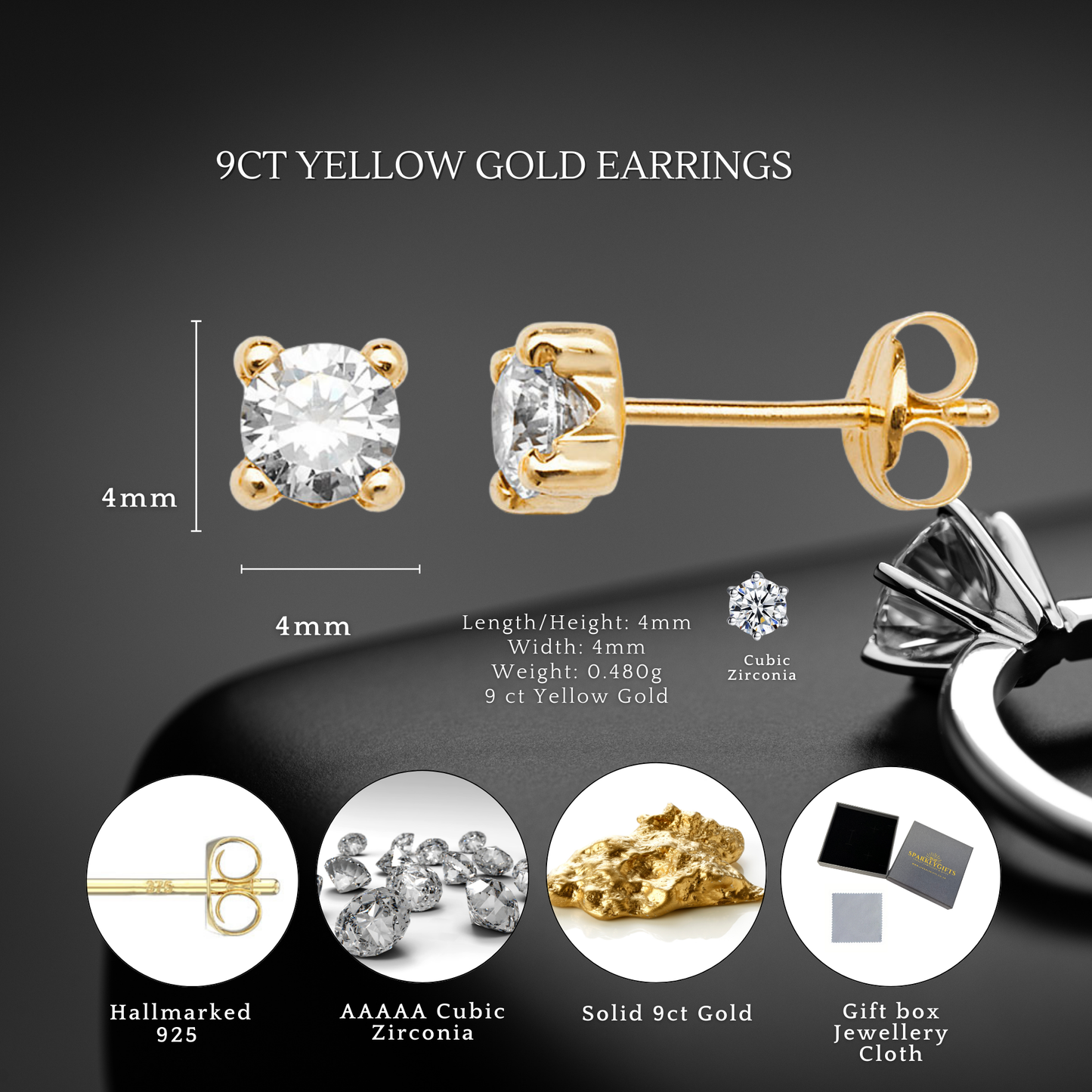 9ct Gold Cubic Zirconia 4mm Stud Earrings