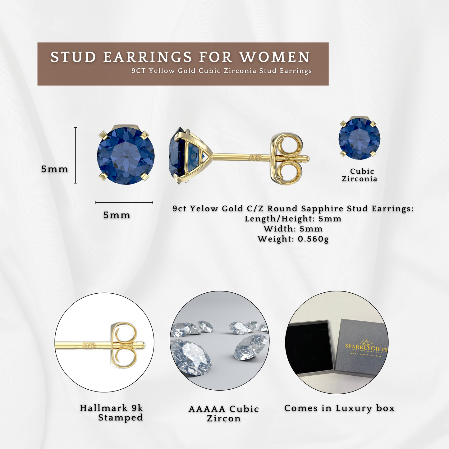 9ct Yellow Gold C/Z Sapphire 5mm Stud Earrings