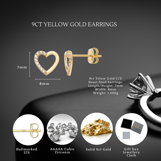 9ct Yelow Gold C/Z 7mm Heart Stud Earrings