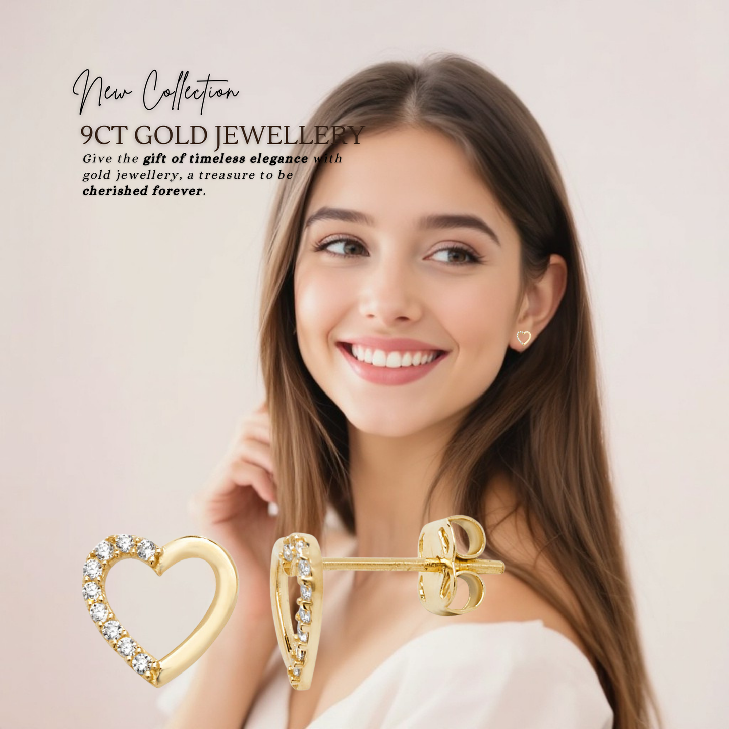 9ct Yelow Gold C/Z 7mm Heart Stud Earrings