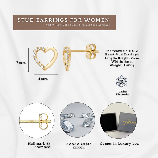 9ct Yelow Gold C/Z 7mm Heart Stud Earrings and Halo 6mm Square Stud Earrings Set Two Pairs Set