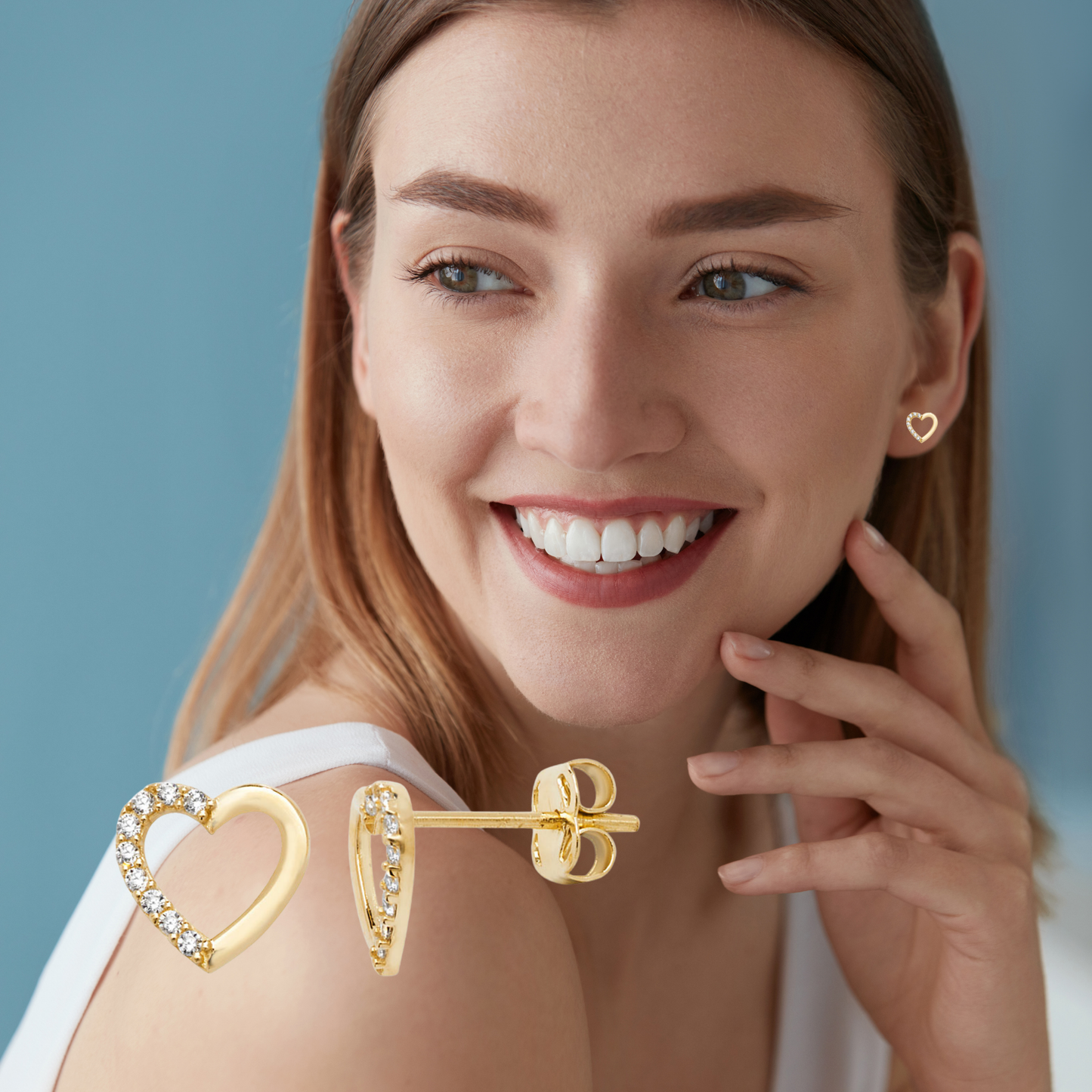 9ct Yelow Gold C/Z 7mm Heart Stud Earrings and Halo 6mm Square Stud Earrings Set Two Pairs Set