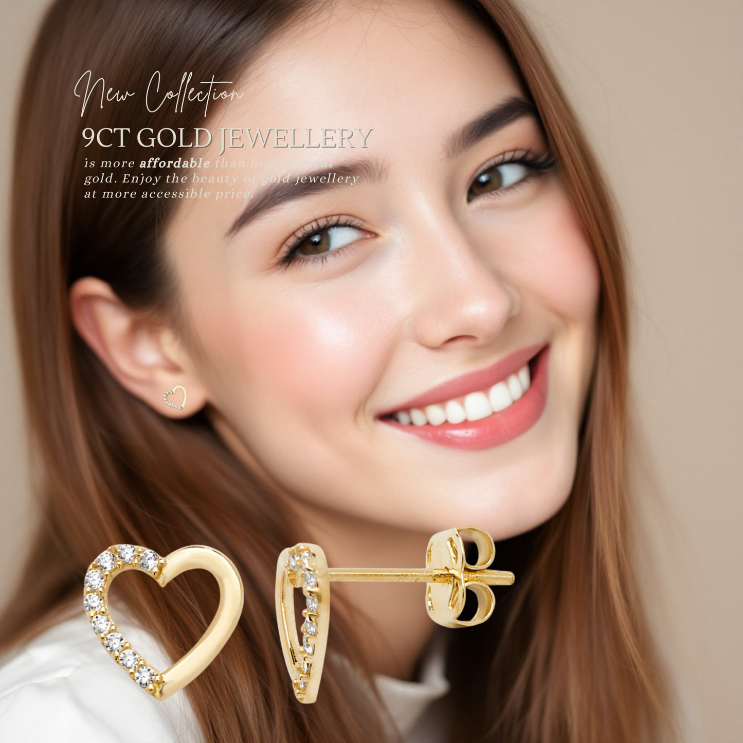 9ct Yelow Gold C/Z 7mm Heart Stud Earrings