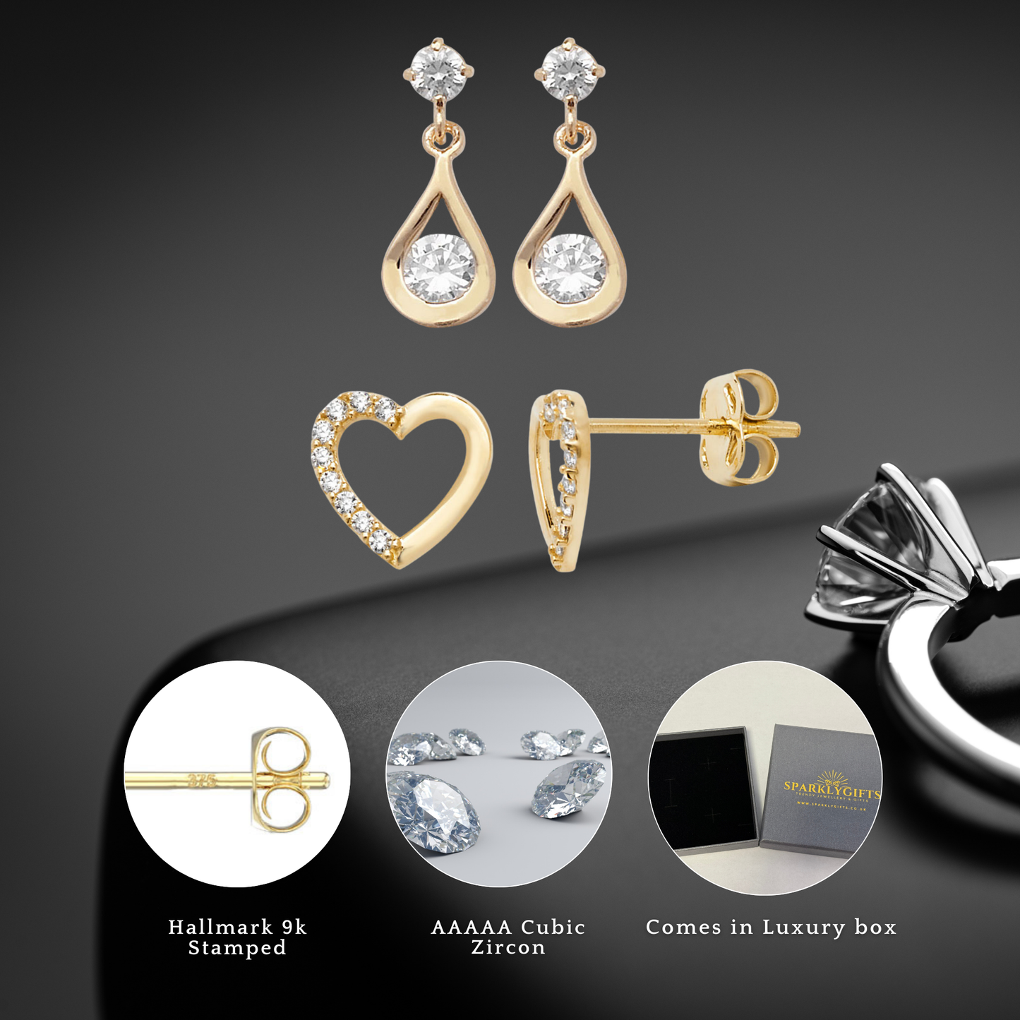 9ct Yelow Gold C/Z Teardrop Earrings and Heart Stud Earrings Set Two Pairs Set
