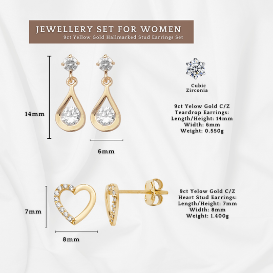 9ct Yelow Gold C/Z Teardrop Earrings and Heart Stud Earrings Set Two Pairs Set