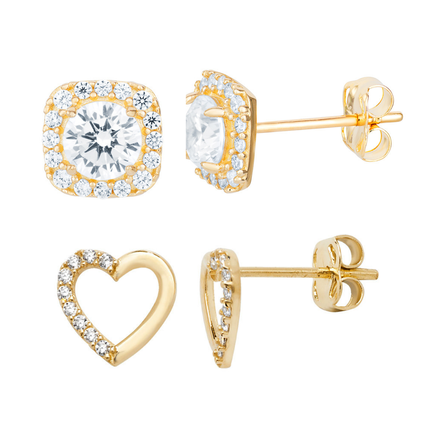 9ct Yelow Gold C/Z 7mm Heart Stud Earrings and Halo 6mm Square Stud Earrings Set Two Pairs Set