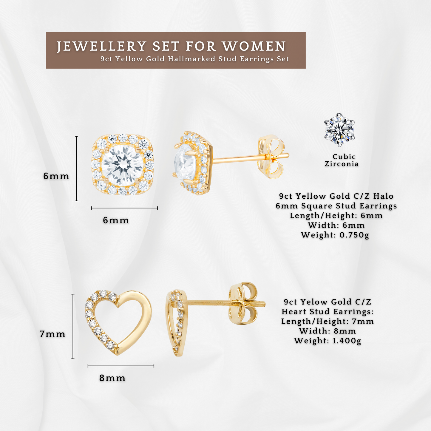 9ct Yelow Gold C/Z 7mm Heart Stud Earrings and Halo 6mm Square Stud Earrings Set Two Pairs Set