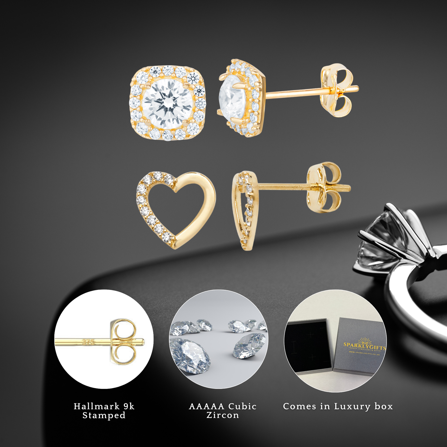 9ct Yelow Gold C/Z 7mm Heart Stud Earrings and Halo 6mm Square Stud Earrings Set Two Pairs Set