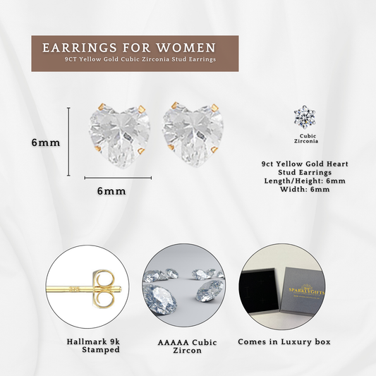 9ct Yellow Gold C/Z 6mm Heart 6mmx6mm Stud Earrings