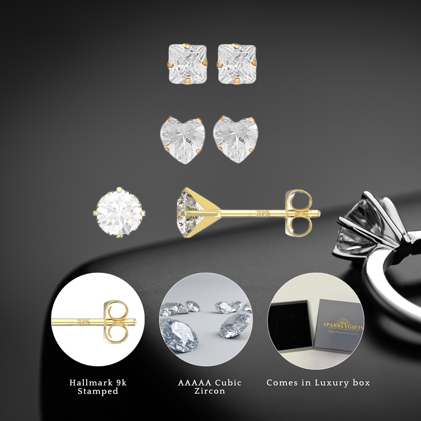 9ct Yellow Gold C/Z 4mm 6mm Stud Earrings Three Pairs Set