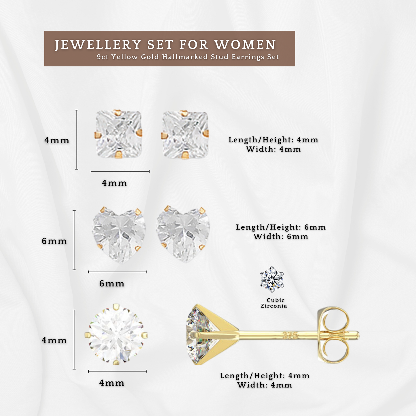 9ct Yellow Gold C/Z 4mm 6mm Stud Earrings Three Pairs Set