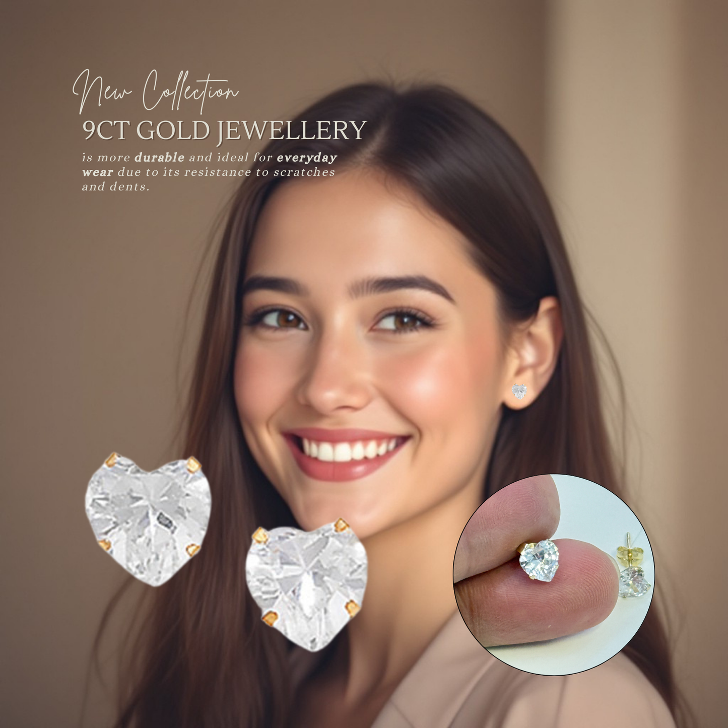 9ct Gold Cubic Zirconia Heart 8mmx7mm Stud Earrings