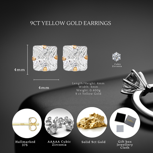 9ct Yellow Gold C/Z 4mm Square Stud Earrings